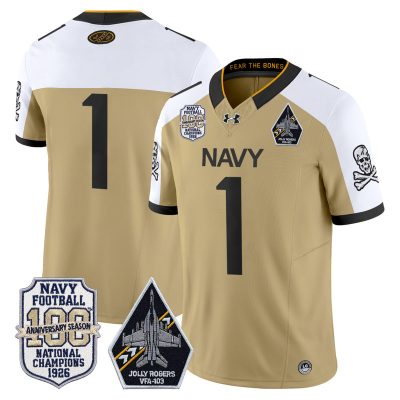 Men's Navy Midshipmen 'Jolly Rogers Edition' Vapor Limited Jersey - 100th Anniversary Patch - Gold Alternate / #1 Team