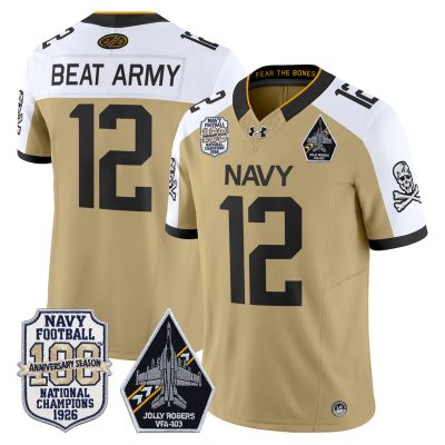 Men's Navy Midshipmen 'Jolly Rogers Edition' Vapor Limited Jersey - 100th Anniversary Patch - Gold Alternate / #12 Beat Army