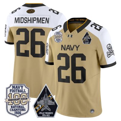 Men's Navy Midshipmen 'Jolly Rogers Edition' Vapor Limited Jersey - 100th Anniversary Patch - Gold Alternate / #26 Midshipmen