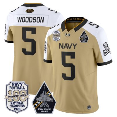 Men's Navy Midshipmen 'Jolly Rogers Edition' Vapor Limited Jersey - 100th Anniversary Patch - Gold Alternate / Braxton Woodson