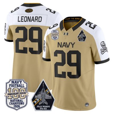 Men's Navy Midshipmen 'Jolly Rogers Edition' Vapor Limited Jersey - 100th Anniversary Patch - Gold Alternate / Gage Leonard