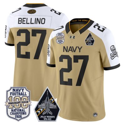 Men's Navy Midshipmen 'Jolly Rogers Edition' Vapor Limited Jersey - 100th Anniversary Patch - Gold Alternate / Joe Bellino