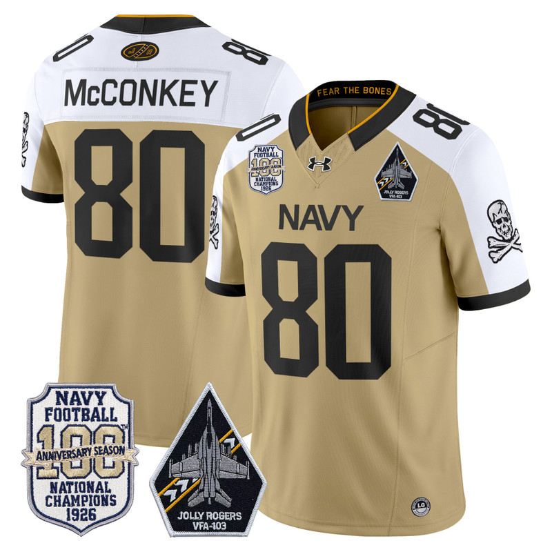 Men's Navy Midshipmen 'Jolly Rogers Edition' Vapor Limited Jersey - 100th Anniversary Patch - Gold Alternate / Phil McConkey