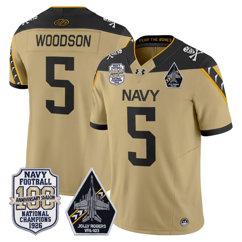 Men's Navy Midshipmen 'Jolly Rogers Edition' Vapor Limited Jersey - 100th Anniversary Patch - Gold / Braxton Woodson