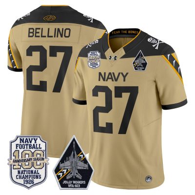 Men's Navy Midshipmen 'Jolly Rogers Edition' Vapor Limited Jersey - 100th Anniversary Patch - Gold / Joe Bellino