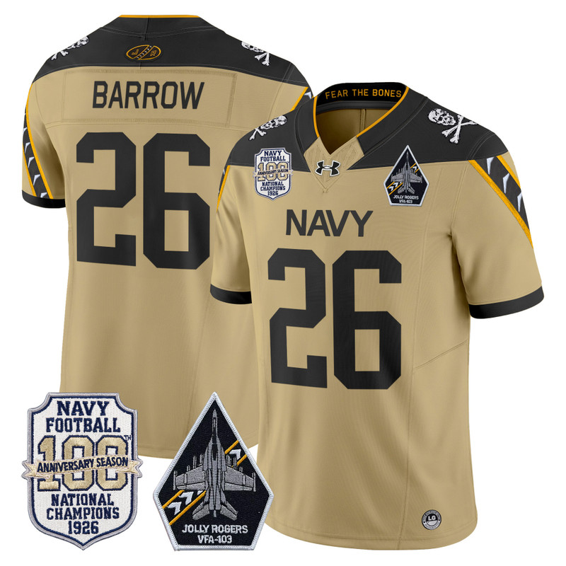 Men's Navy Midshipmen 'Jolly Rogers Edition' Vapor Limited Jersey - 100th Anniversary Patch - Gold / Michael Barrow