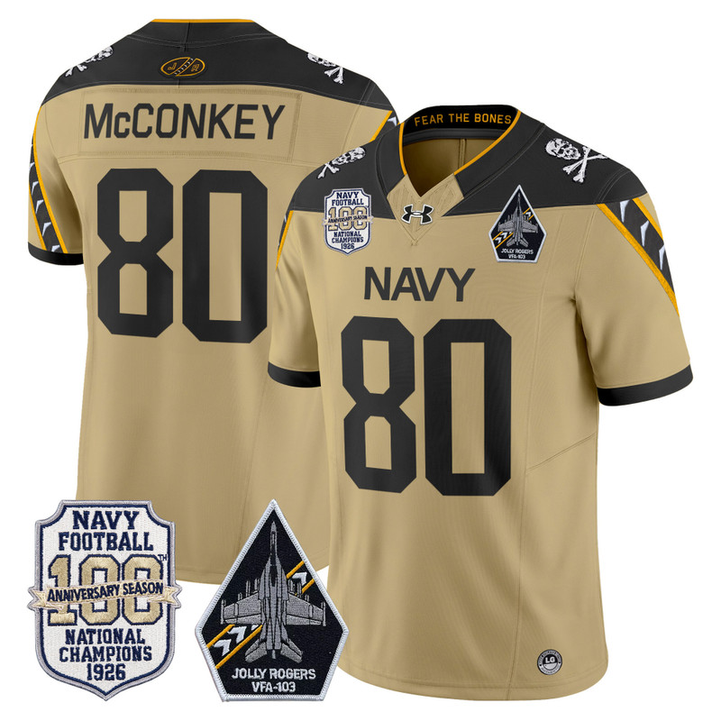 Men's Navy Midshipmen 'Jolly Rogers Edition' Vapor Limited Jersey - 100th Anniversary Patch - Gold / Phil McConkey
