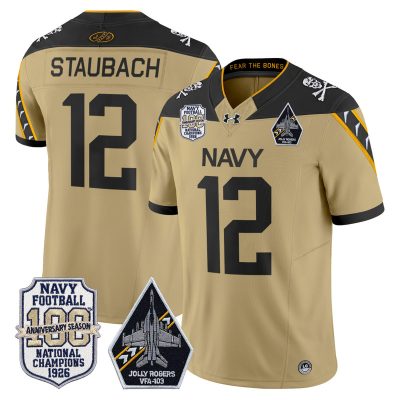 Men's Navy Midshipmen 'Jolly Rogers Edition' Vapor Limited Jersey - 100th Anniversary Patch - Gold / Roger Staubach