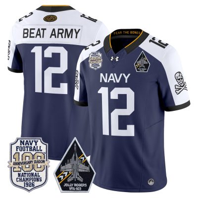Men's Navy Midshipmen 'Jolly Rogers Edition' Vapor Limited Jersey - 100th Anniversary Patch - Navy Alternate / #12 Beat Army
