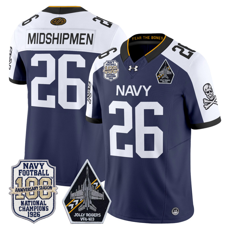 Men's Navy Midshipmen 'Jolly Rogers Edition' Vapor Limited Jersey - 100th Anniversary Patch - Navy Alternate / #26 Midshipmen