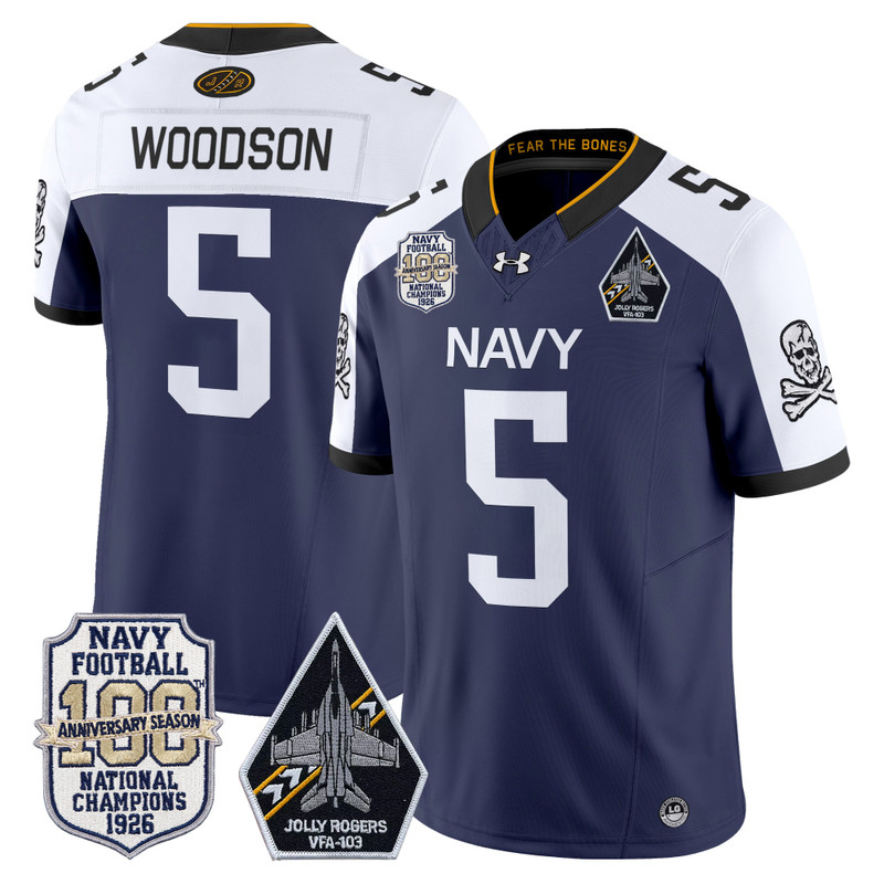 Men's Navy Midshipmen 'Jolly Rogers Edition' Vapor Limited Jersey - 100th Anniversary Patch - Navy Alternate / Braxton Woodson