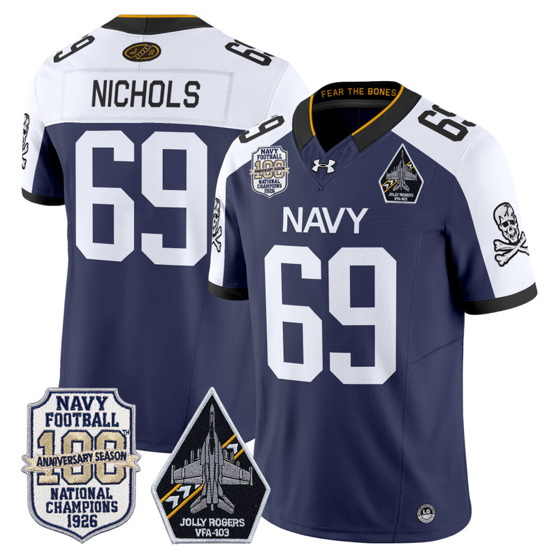 Men's Navy Midshipmen 'Jolly Rogers Edition' Vapor Limited Jersey - 100th Anniversary Patch - Navy Alternate / Cam Nichols