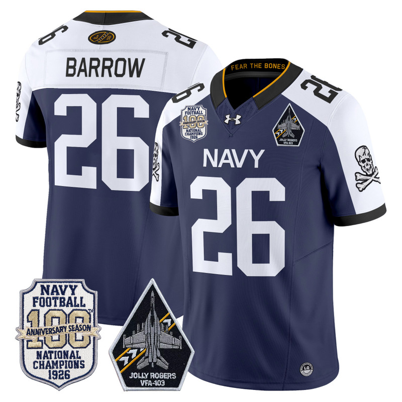 Men's Navy Midshipmen 'Jolly Rogers Edition' Vapor Limited Jersey - 100th Anniversary Patch - Navy Alternate / Michael Barrow