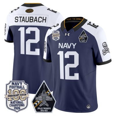 Men's Navy Midshipmen 'Jolly Rogers Edition' Vapor Limited Jersey - 100th Anniversary Patch - Navy Alternate / Roger Staubach