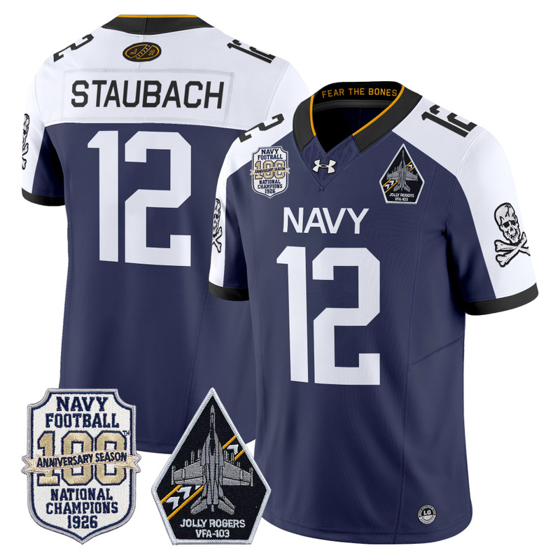 Men's Navy Midshipmen 'Jolly Rogers Edition' Vapor Limited Jersey - 100th Anniversary Patch - Navy Alternate / Roger Staubach
