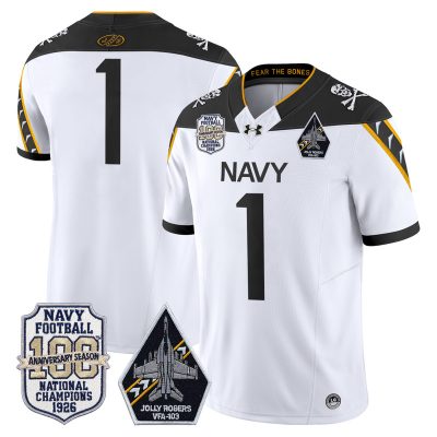 Men's Navy Midshipmen 'Jolly Rogers Edition' Vapor Limited Jersey - 100th Anniversary Patch - White / #1 Team