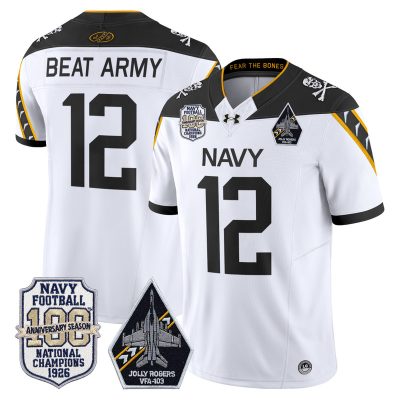 Men's Navy Midshipmen 'Jolly Rogers Edition' Vapor Limited Jersey - 100th Anniversary Patch - White / #12 Beat Army