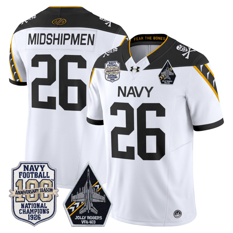Men's Navy Midshipmen 'Jolly Rogers Edition' Vapor Limited Jersey - 100th Anniversary Patch - White / #26 Midshipmen
