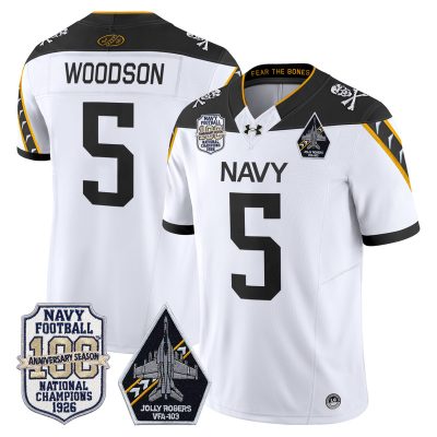 Men's Navy Midshipmen 'Jolly Rogers Edition' Vapor Limited Jersey - 100th Anniversary Patch - White / Braxton Woodson