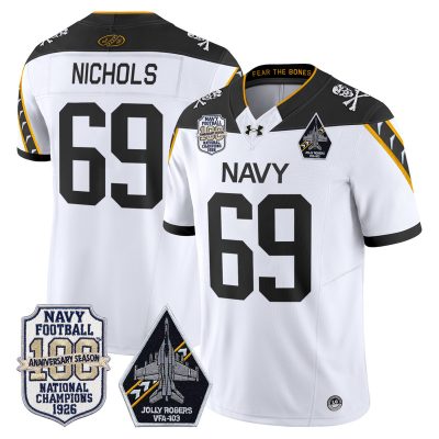 Men's Navy Midshipmen 'Jolly Rogers Edition' Vapor Limited Jersey - 100th Anniversary Patch - White / Cam Nichols