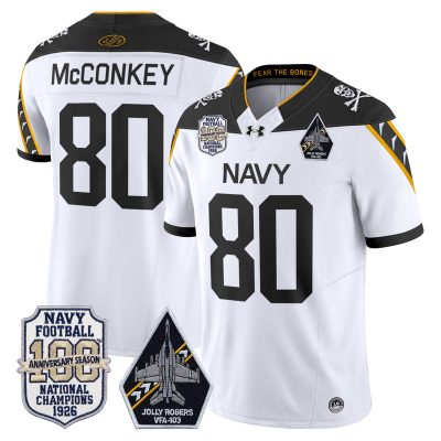 Men's Navy Midshipmen 'Jolly Rogers Edition' Vapor Limited Jersey - 100th Anniversary Patch - White / Phil McConkey